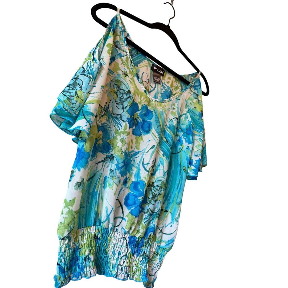 Y2K Wet Seal Boho Chic: Sheer Floral Cold-Shoulder Blouse, Smocked Waist, Small - Picture 3 of 8